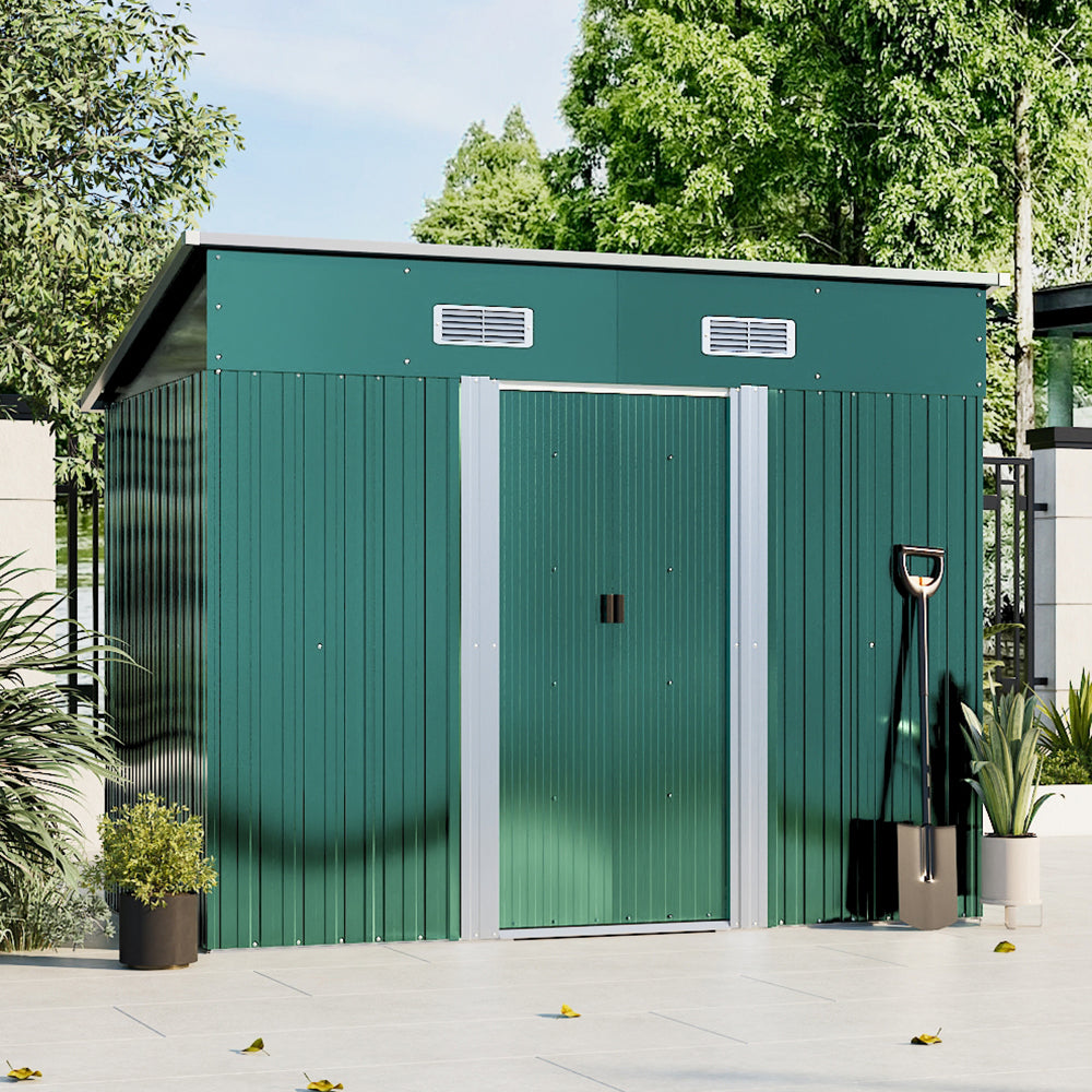 4x8ft Metal Storage Shed With Double Doors,ventilation And Foundation Frame Flat Roof Outdoor Tool Shed For Garden | Dark Green
