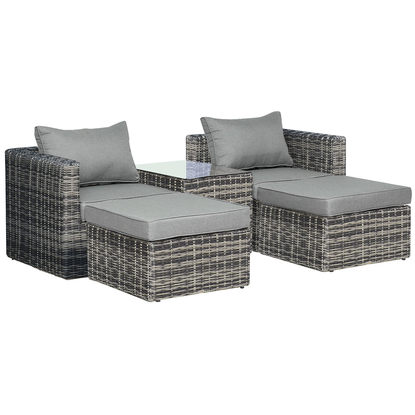5 Pcs Pe Rattan Sofa Footstool Set Tall Glass-top Table | Gray