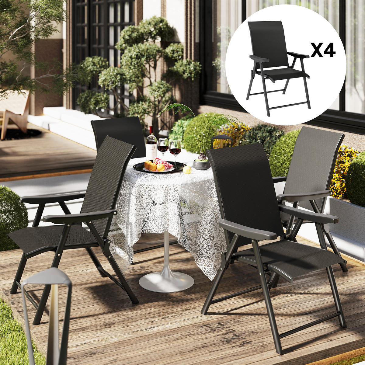 Folding Chair W/ Breathable Mesh Fabric Seat | Set of 4 | Black