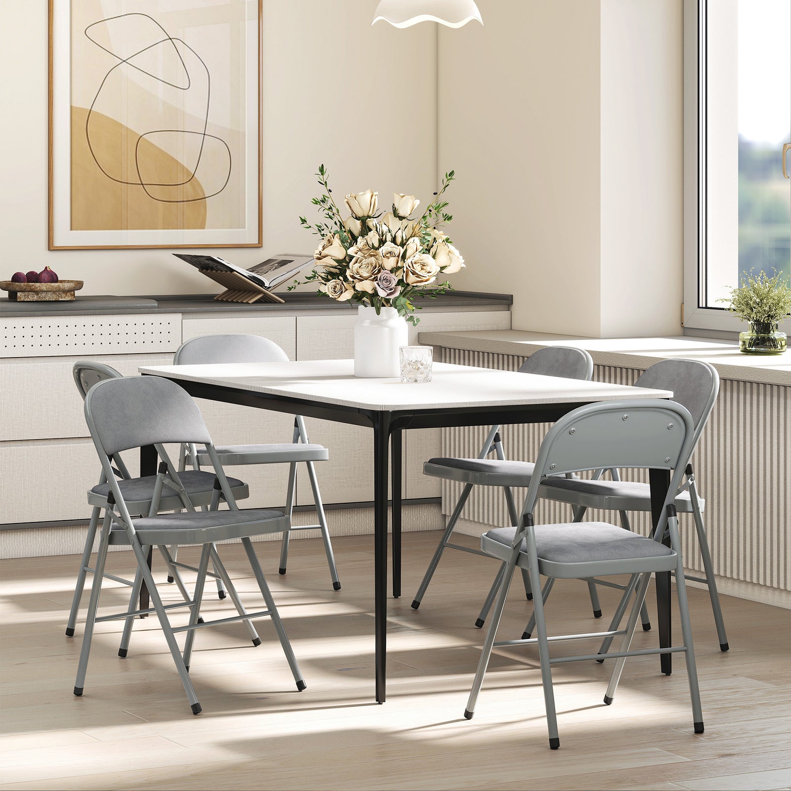 HOMCOM Folding Chairs Set Of 4, Foldable Chairs With Cushions, Light Grey