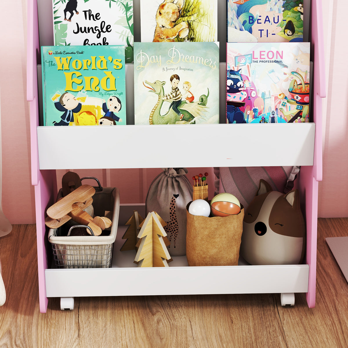 AIYAPLAY Double-sided Children's Bookcase With Wheels For Playroom, Pink