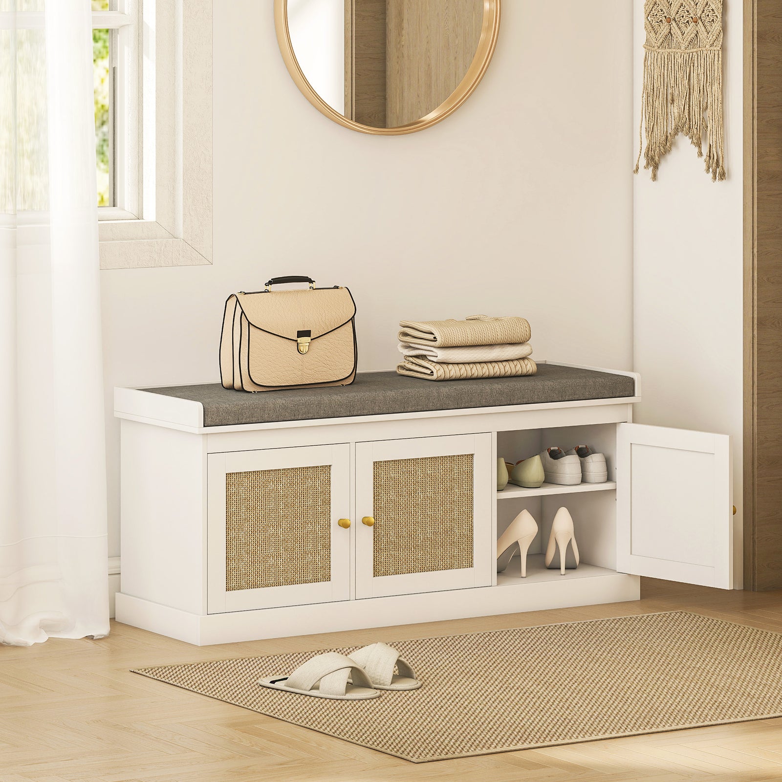 Shoe Storage Bench With Rattan Doors, Cushion, Entryway Shoe Bench