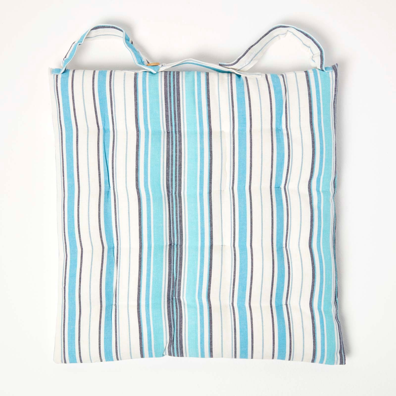 Striped Seat Pad With Button Straps 100% Cotton, 40 X 40 Cm | Set-of-4 | Blue
