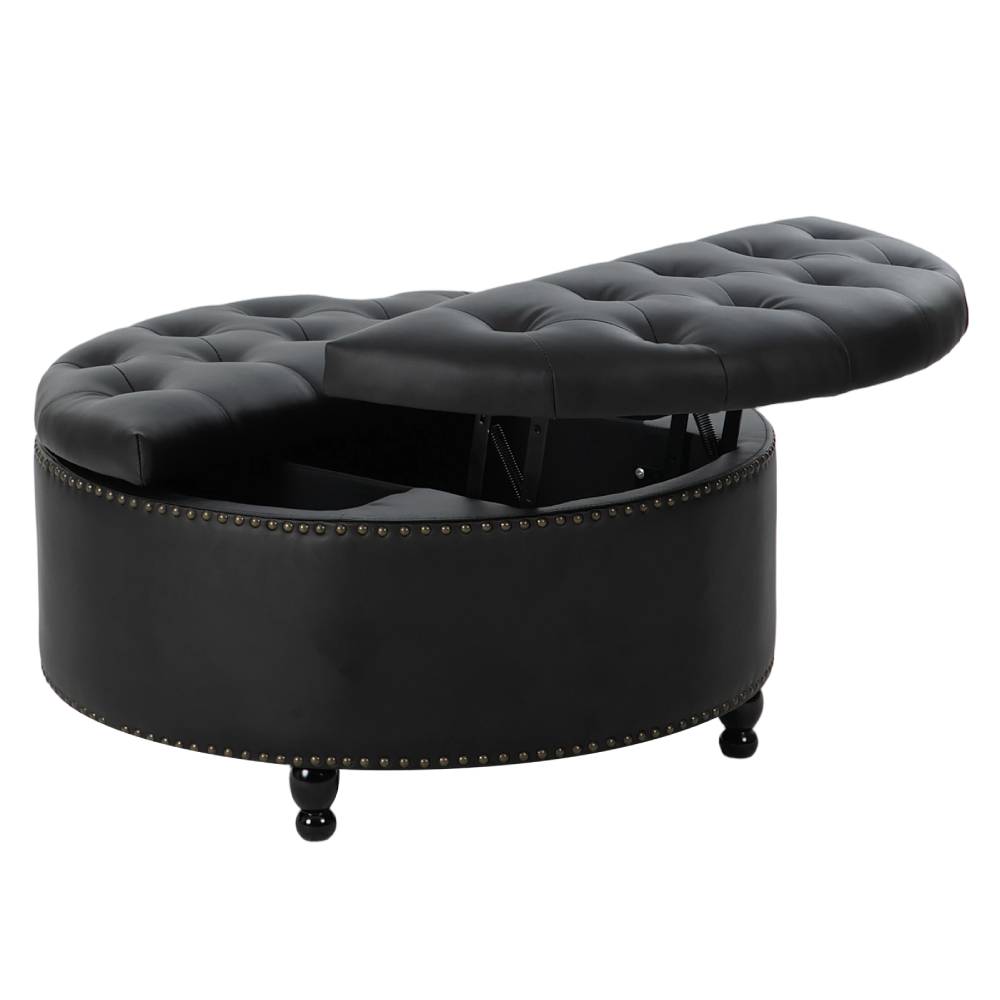 Round Pu Leather Upholstered Storage Ottoman With Lift-top & Flip Design | Black