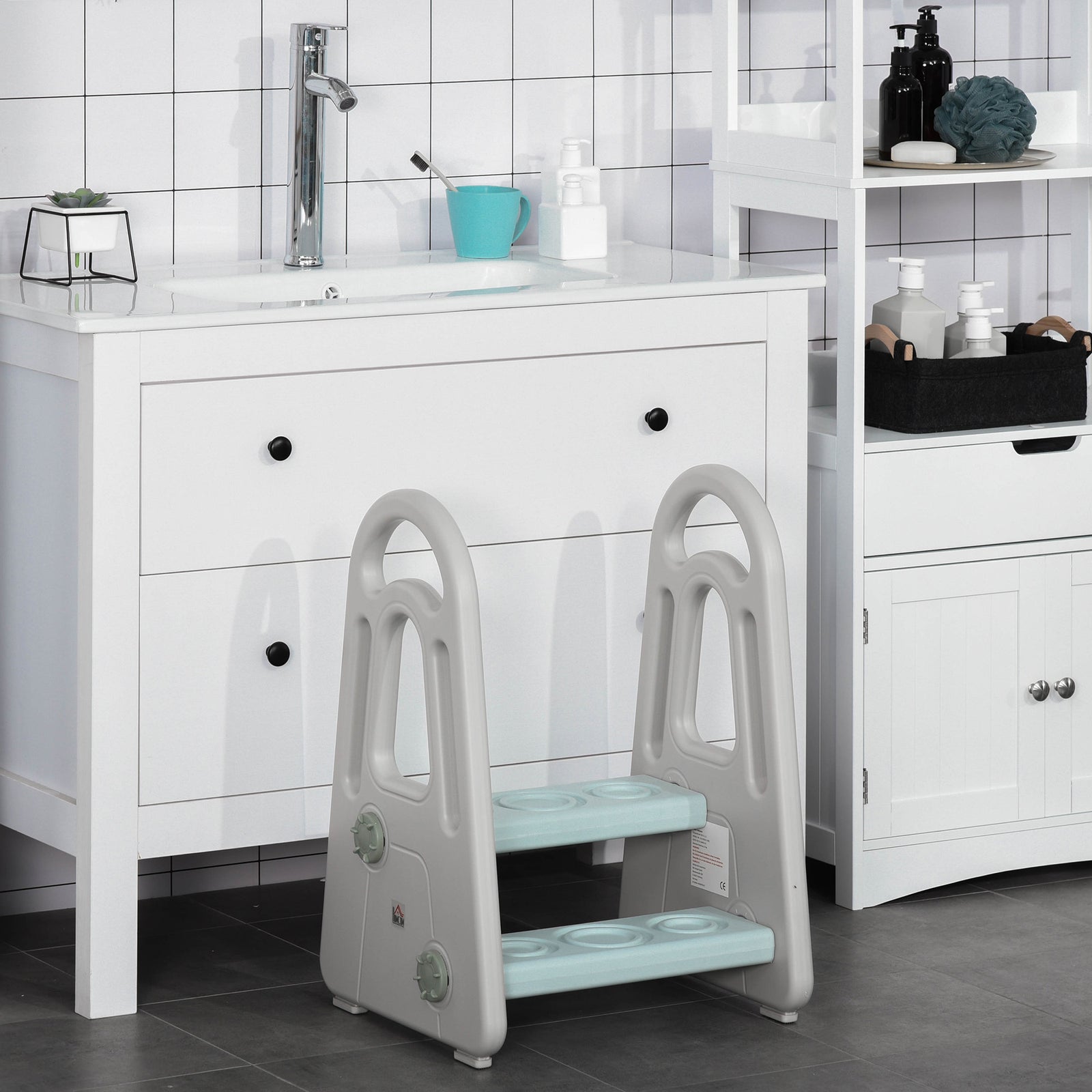 Kids Step Stool, Toddler Kitchen Helper With Handle For Bathroom, Blue And Grey