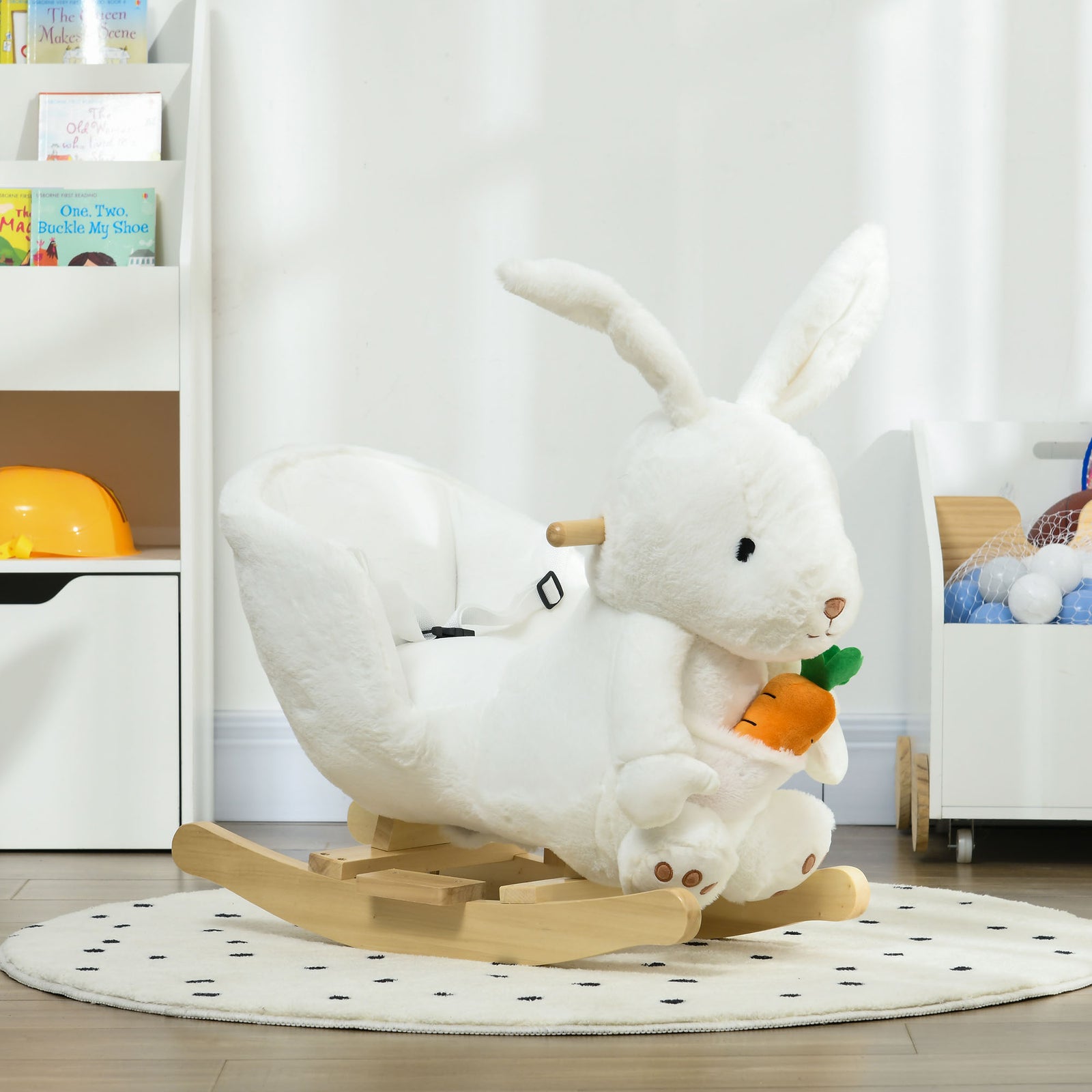 Kids Rabbit-shaped Rocking Horse W/ Realistic Sounds, Safety Belt - White