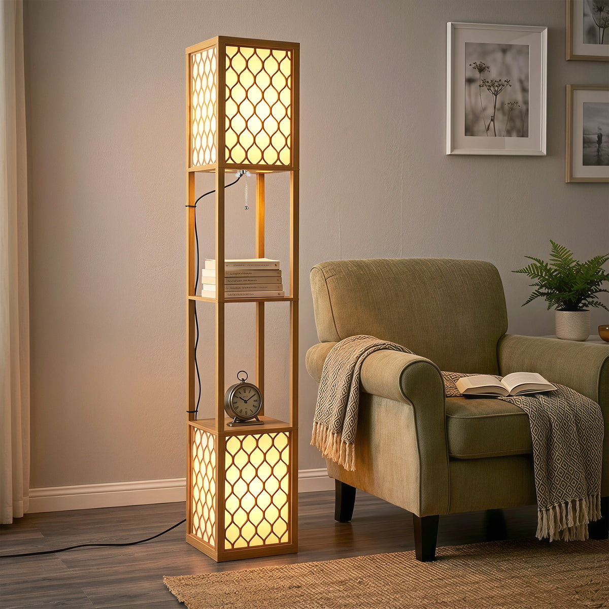 2-light Modern Floor Lamp W/ Shelves, Bedroom | Yellow