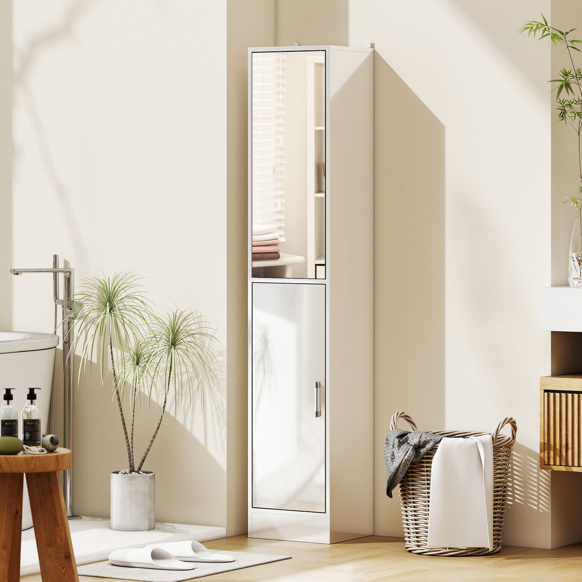 kleankin Tall Bathroom Cabinet With Mirror, High Gloss White