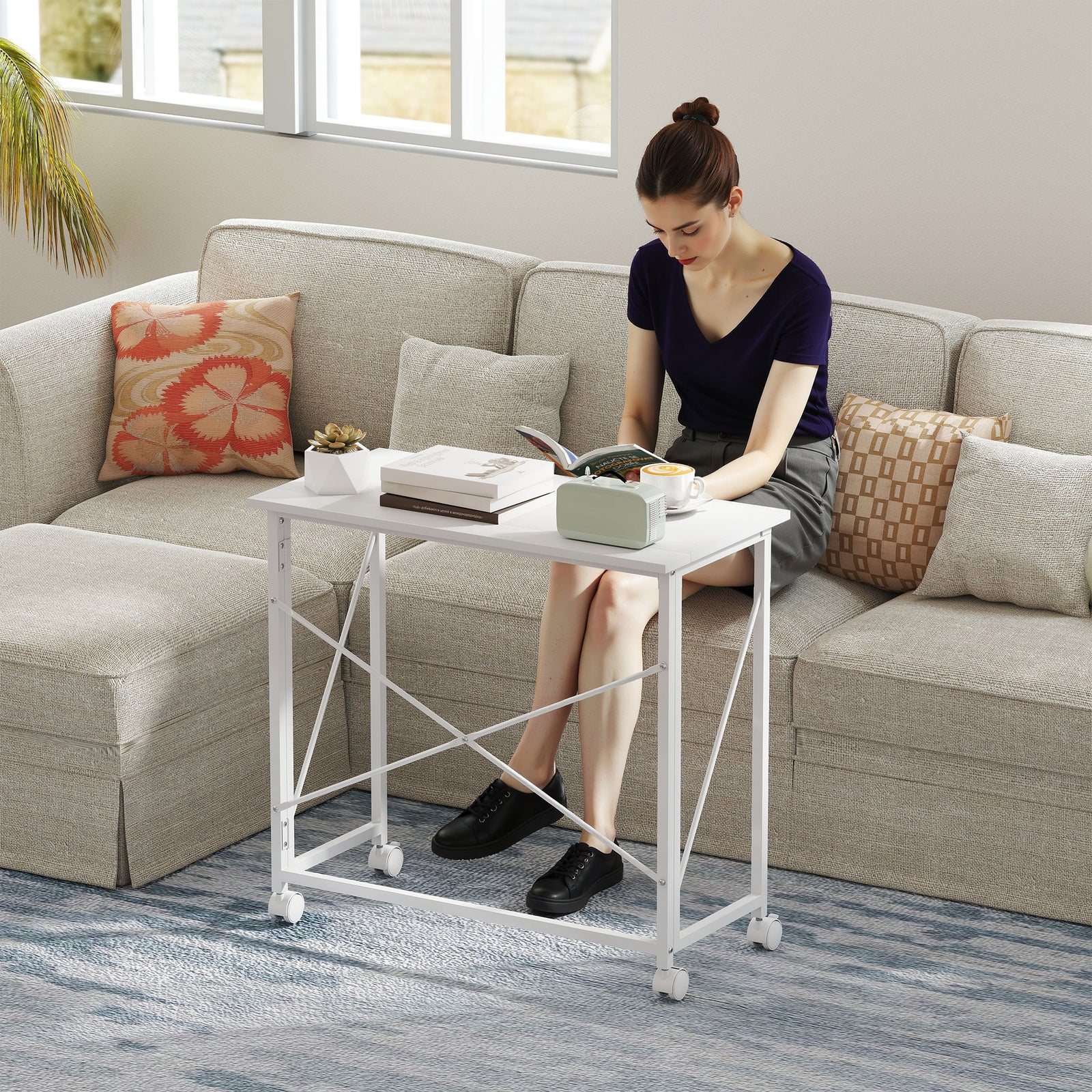 Folding Desk On Wheels, Writing Table For Home Office | White