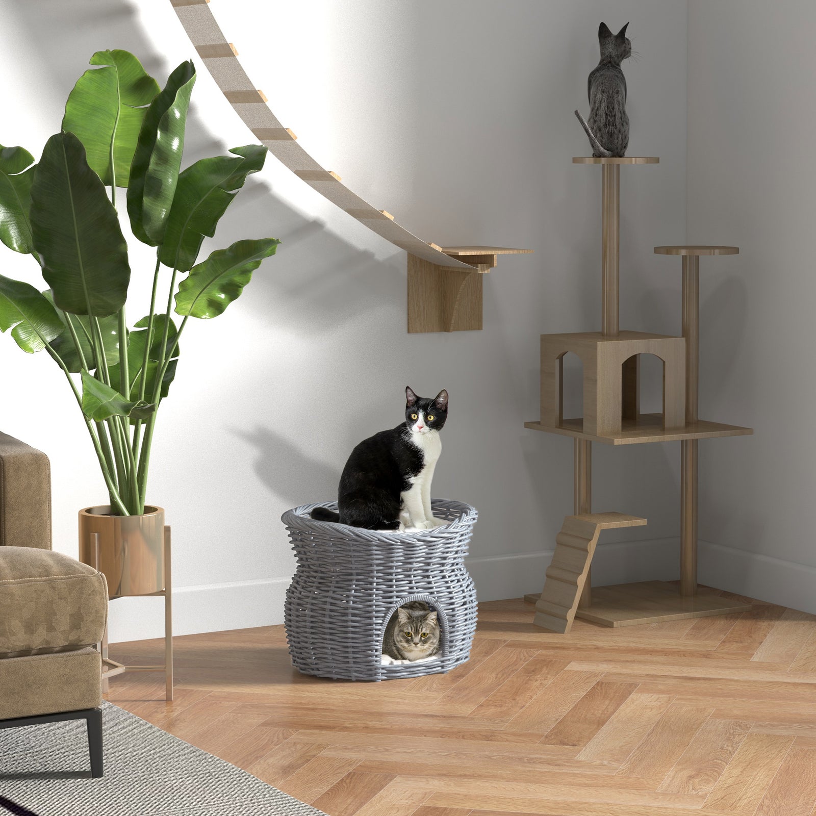 2-tier Elevated Pet Cushion Bed Basket Willow Cat Tree House Condo Kennel