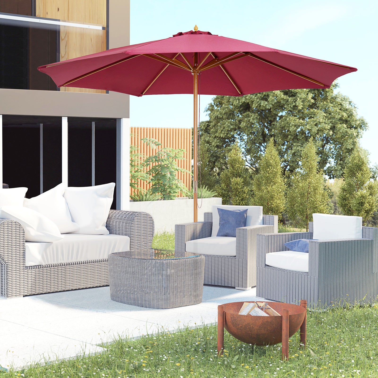 3m Wooden Bamboo Parasol Outdoor Umbrella Canopy | Red