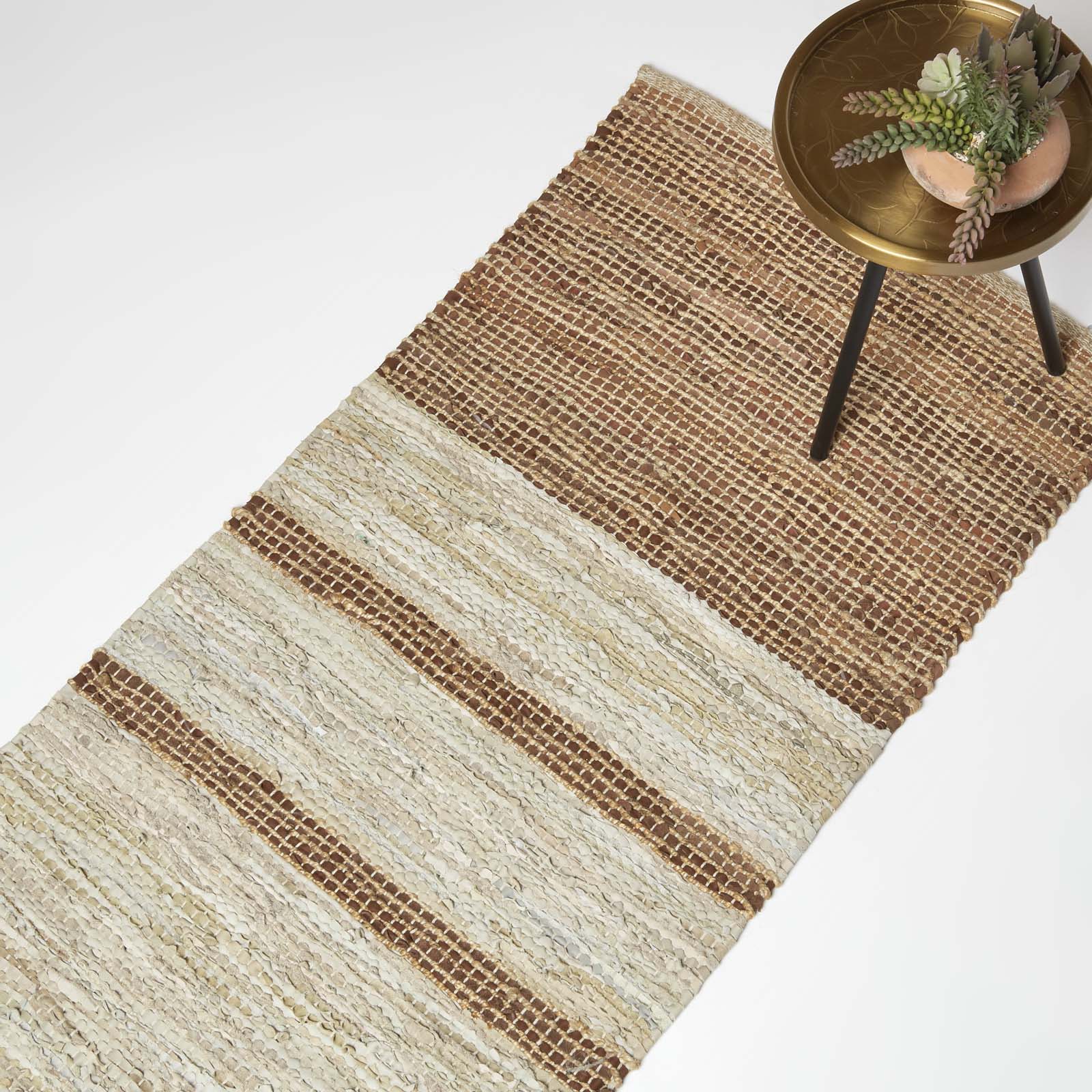 Recycled Leather Handwoven Stripe Rug | 200cm | Brown