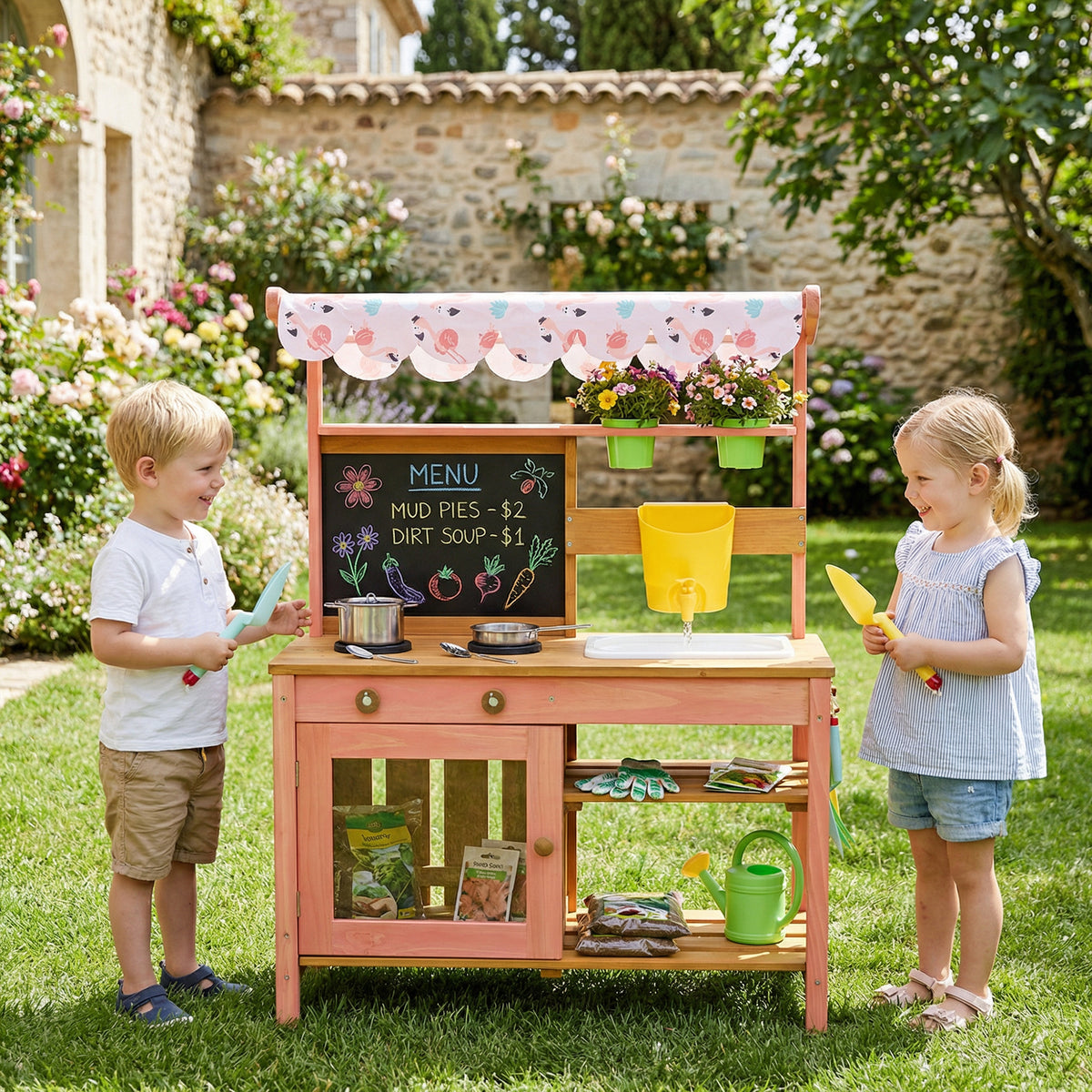 AIYAPLAY Wooden Kids Mud Kitchen With Canopy, Planter Box, Pink