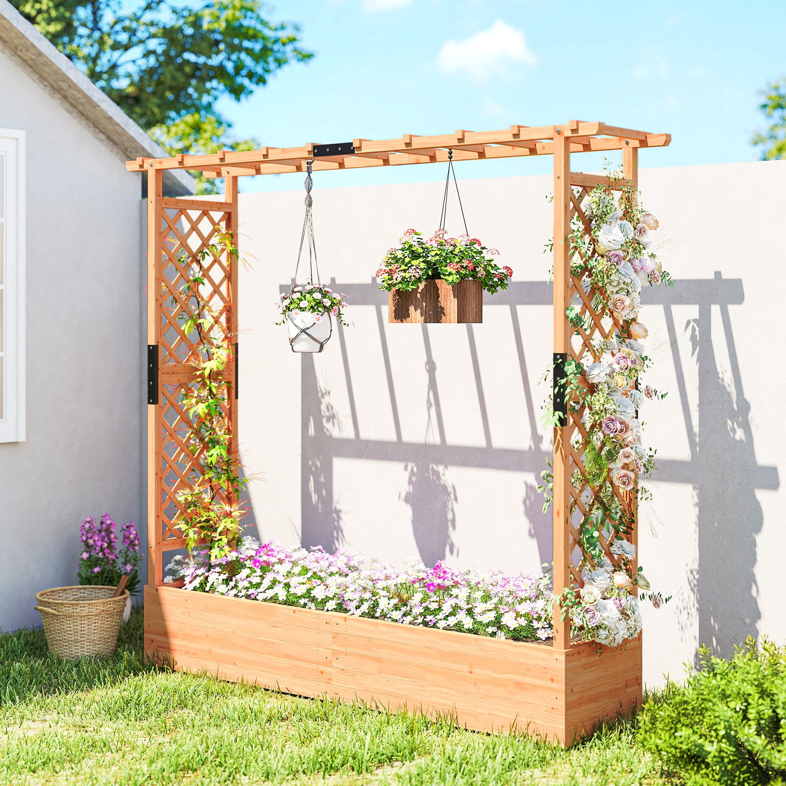 Raised Garden Bed With Trellis 196x44x181cm Natural