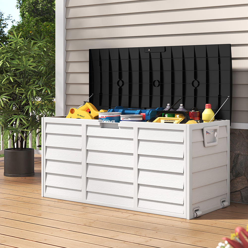 290l Large Waterproof Outdoor & Indoor Storage Box With Wheels – Flip-top Lid, Wood-grain Effect, Ventilated Plastic Container | Black & White