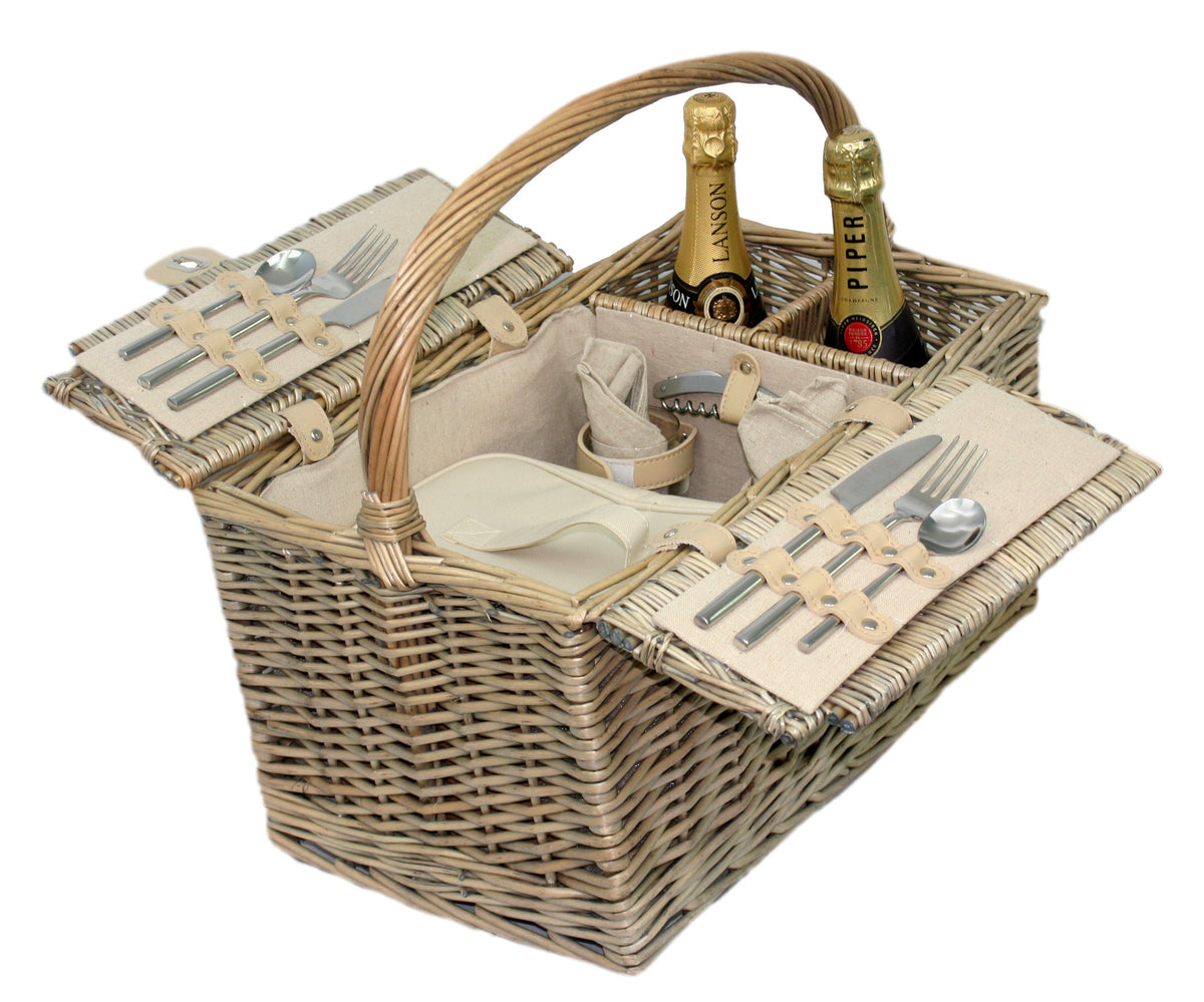 Wicker Double Lidded Fitted Picnic Basket | 2 Person | White