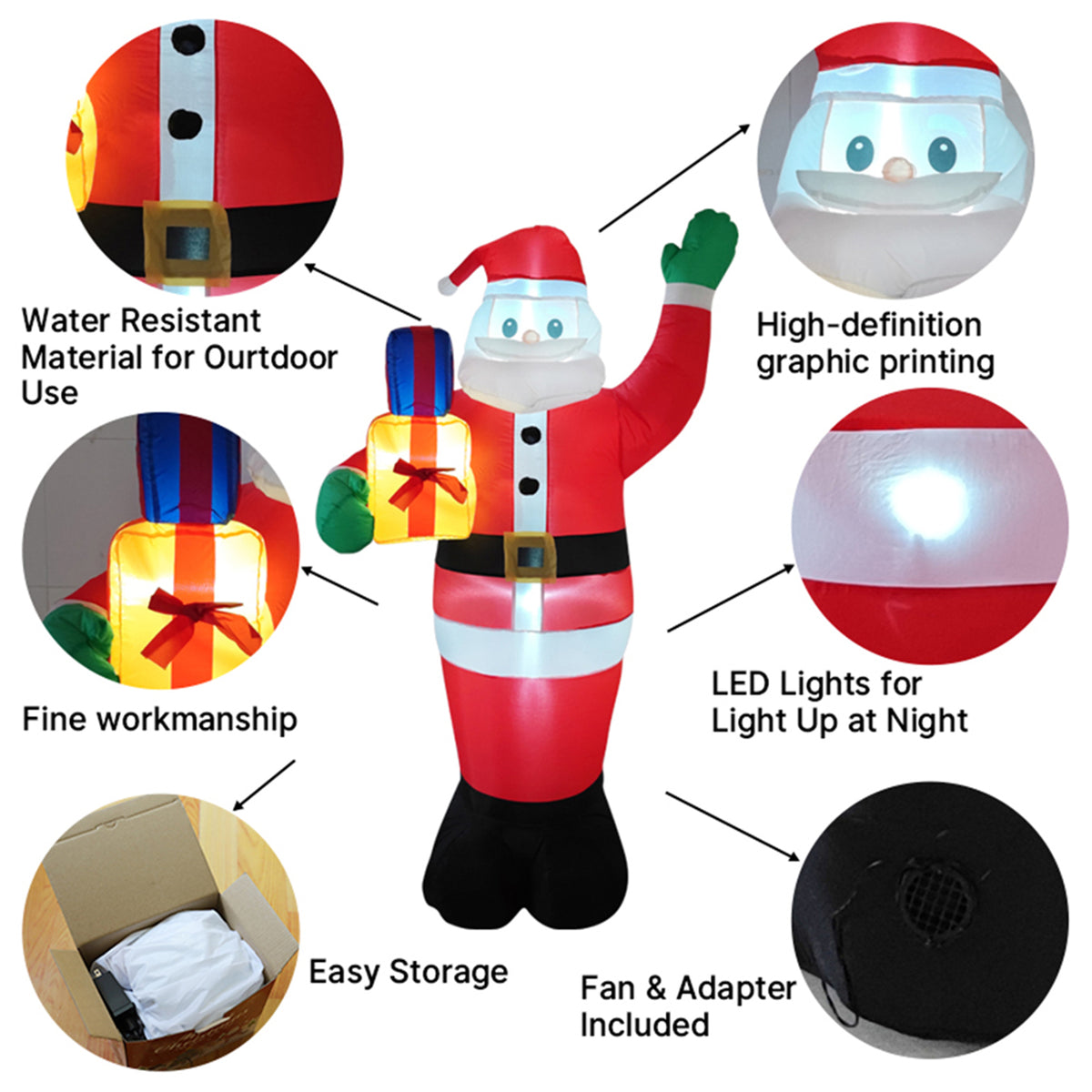 Breeins 180cm/6ft Blow Up Christmas Santa Claus Inflatable Decoration With Led Lights