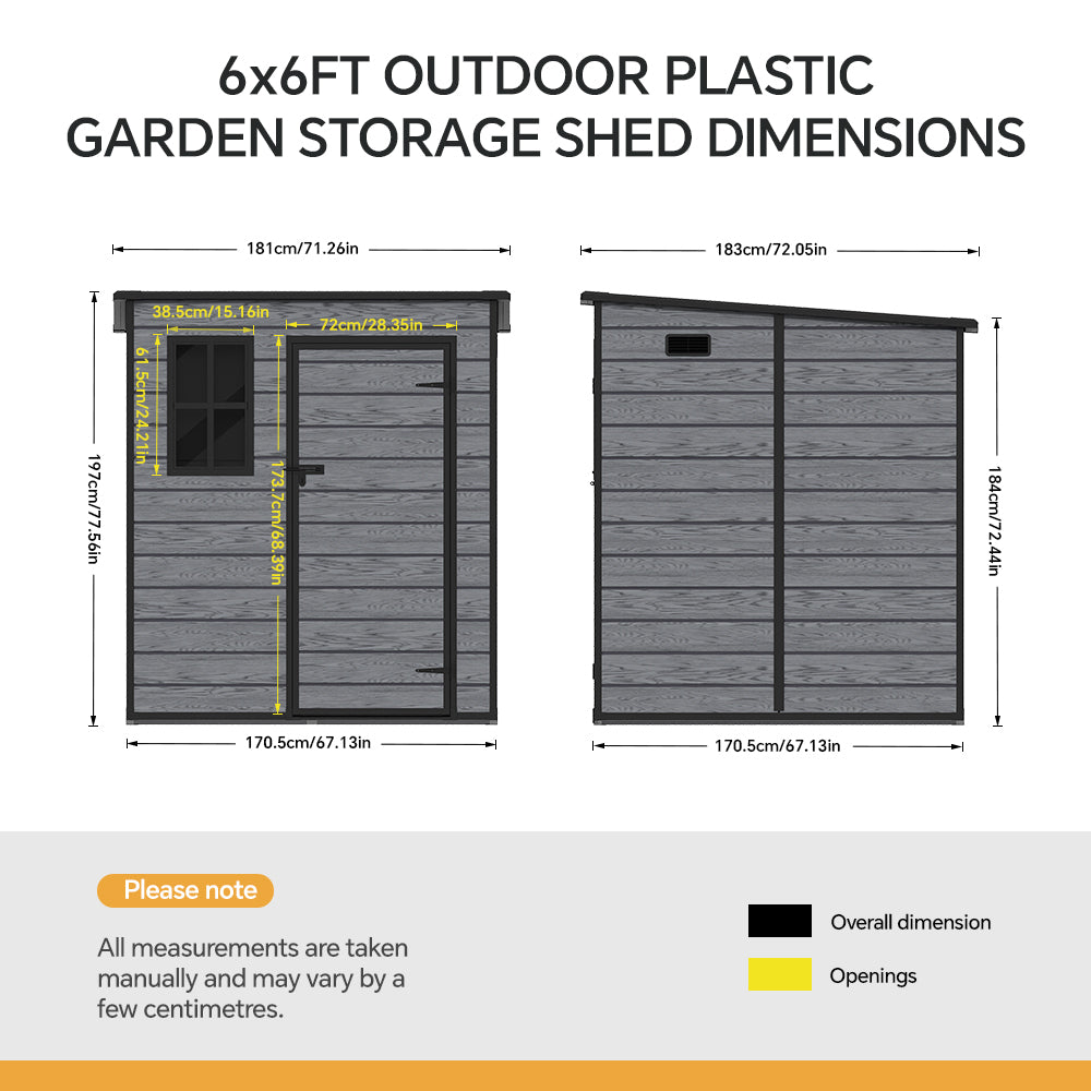 6 X 6ft Outdoor Storage Shed With Pent Roof, Pp Plastic Garden Shed With Window & Vent,  Waterproof Uv-resistant Tool Storage In Dark Grey Woodgrain