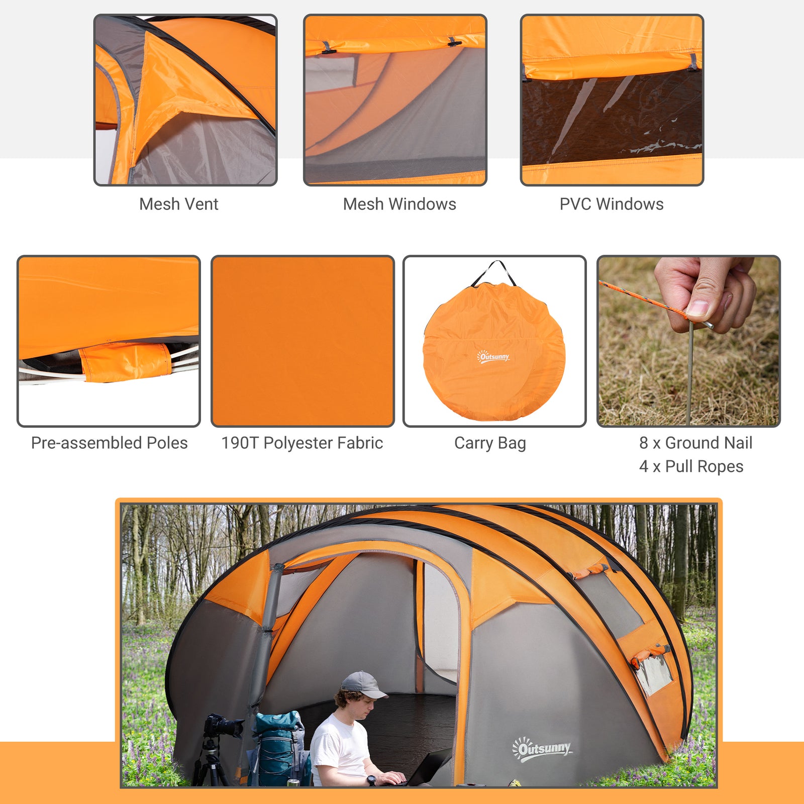 4-5 Person Camping Tent Dome Pop-up Tent  With Windows | Orange