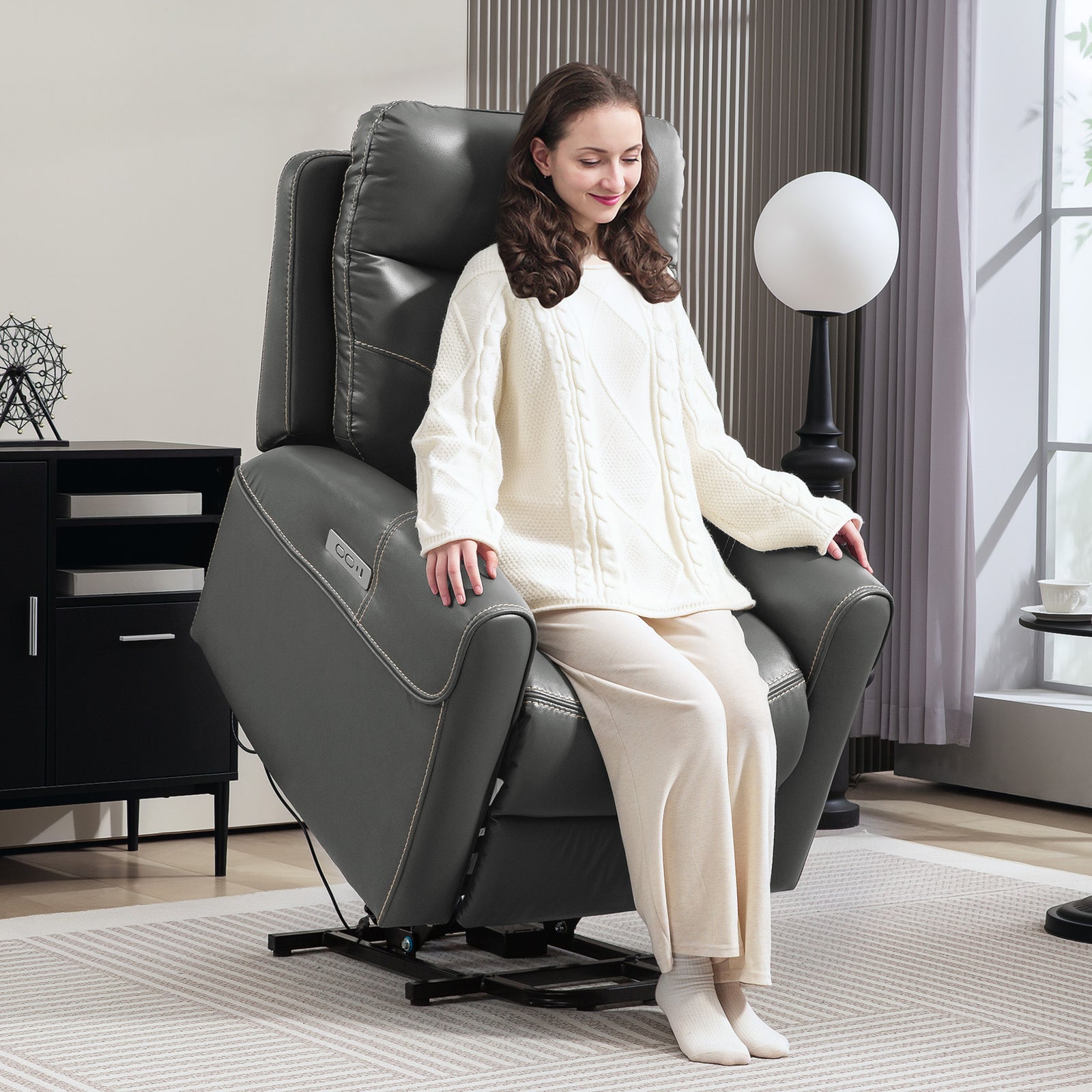 Overstuffed Riser And Reclining Chair With Usb Ports, Remote | One Size | Charcoal Grey