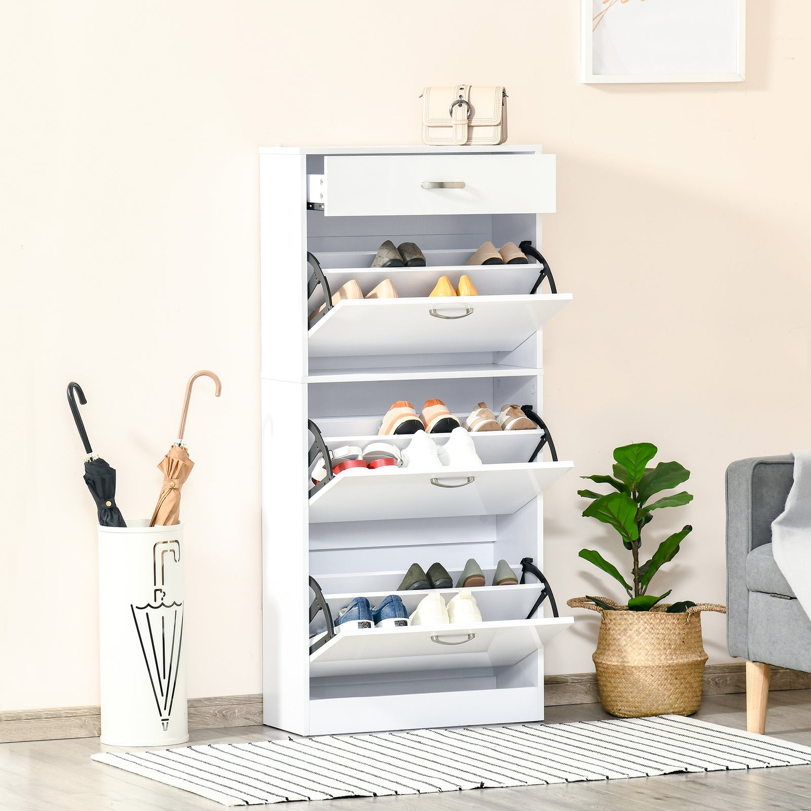 High Gloss Shoe Cabinet 4 Drawers Shoe Storage For 18 Pairs