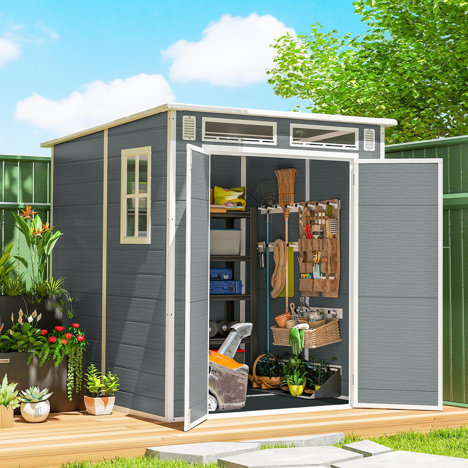 6 X 6 Ft Plastic Garden Shed With Floor, Lockable Doors | Grey