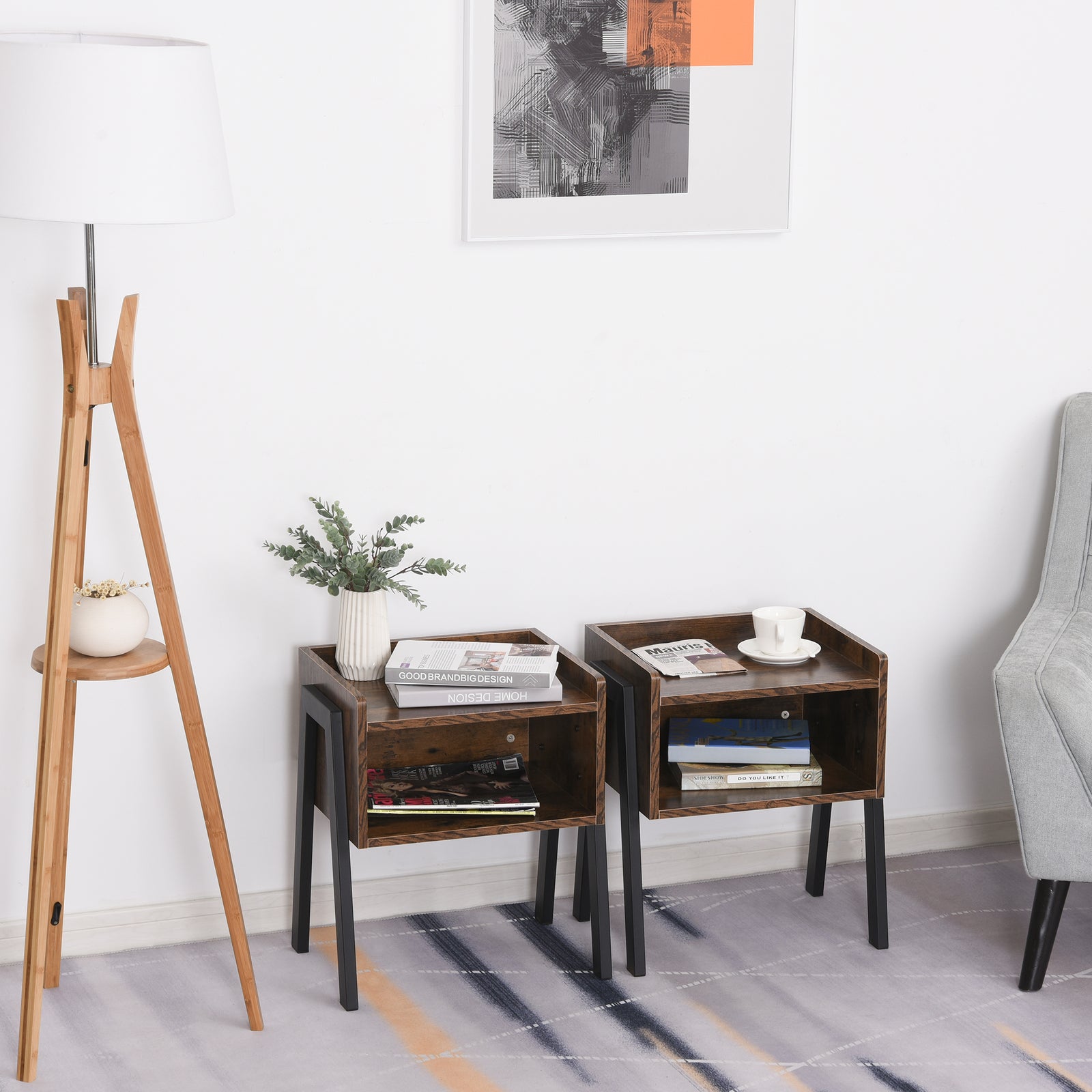 Set Of 2 Industrial Side Tables, Stacking, Shelf