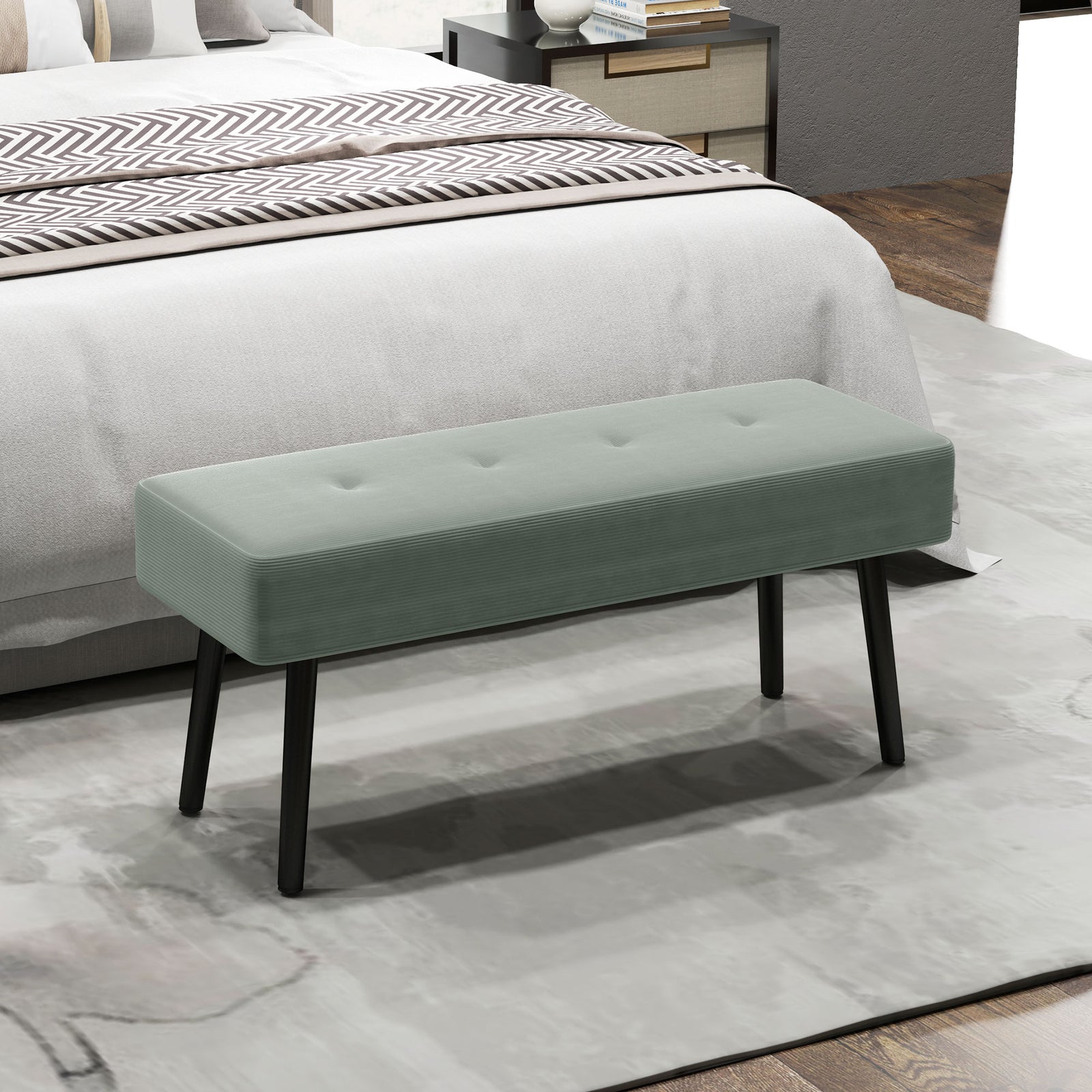 End Of Bed Bench With Thick Padding, Steel Legs For Entryway | One Size | Green