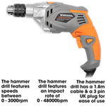1050w Powerful Electric Corded Hammer Drill, Variable Speed, Lightweight, Key Chuck, Hammer And Electric Drill Modes