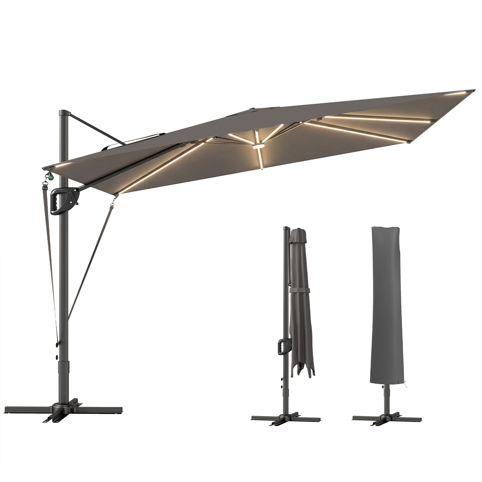 3 X 3 M Garden Cantilever Parasol W/ Light, Cover, Wind Protection | Grey