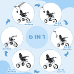 6 In 1 Kids Tricycle W/ Removable Handle For 1.5+ Year | White
