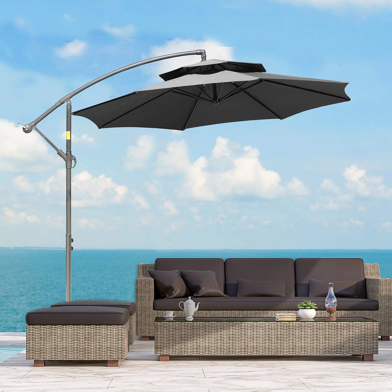 2.7m Cantilever Banana Parasol W/ Double Tier Canopy | Dark Gray