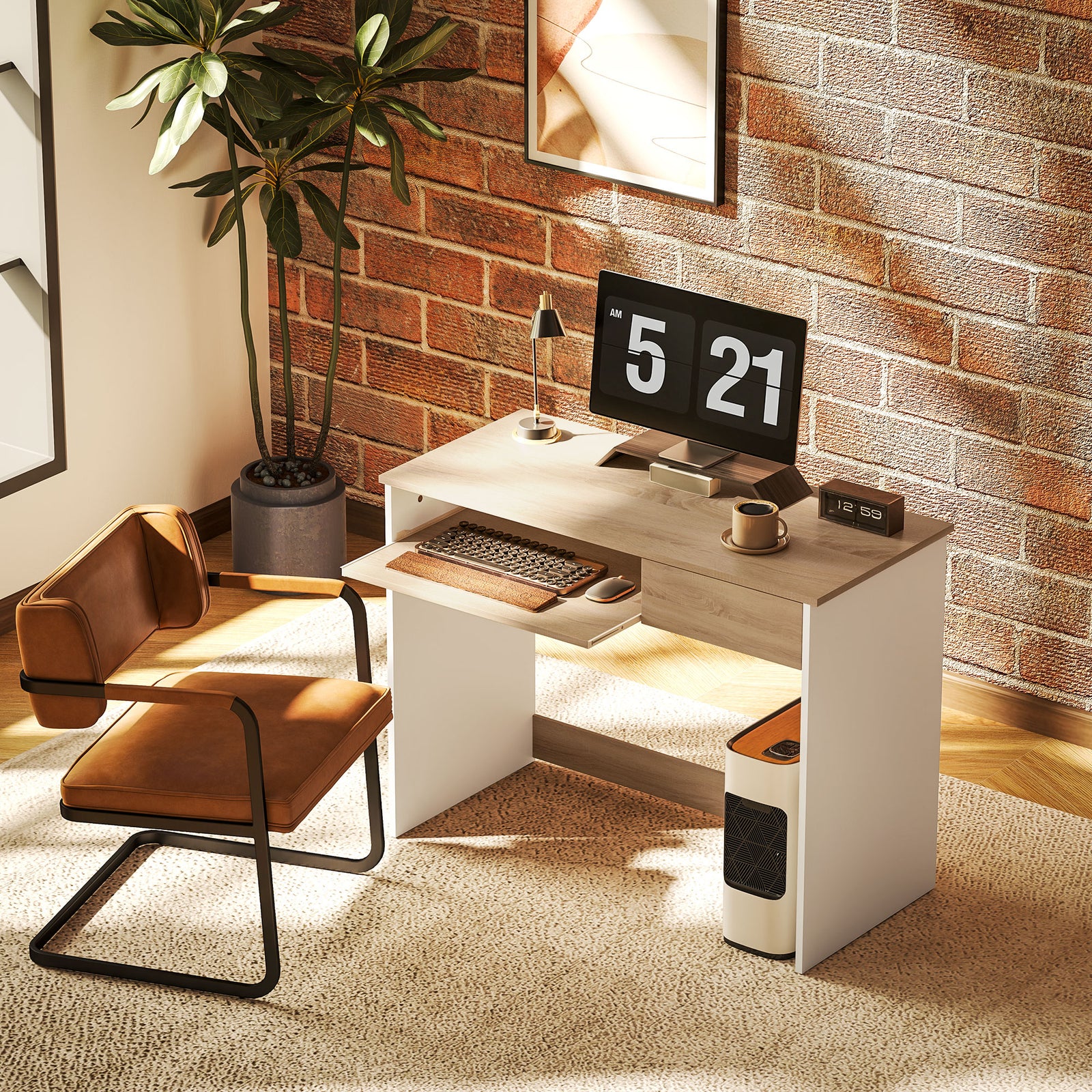 Compact Computer Table With Keyboard Tray And Drawer | Oak