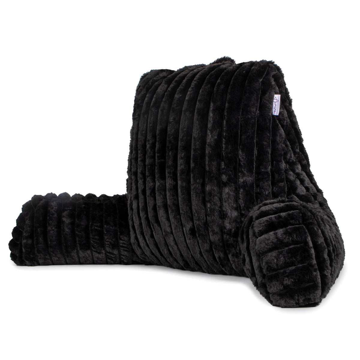 Deluxe Large Reading Pillow, Soft Ribbed Faux Fur, Shredded Memory Foam Cuddle Cuddle Cushion Backrest Arm Support | L | Black