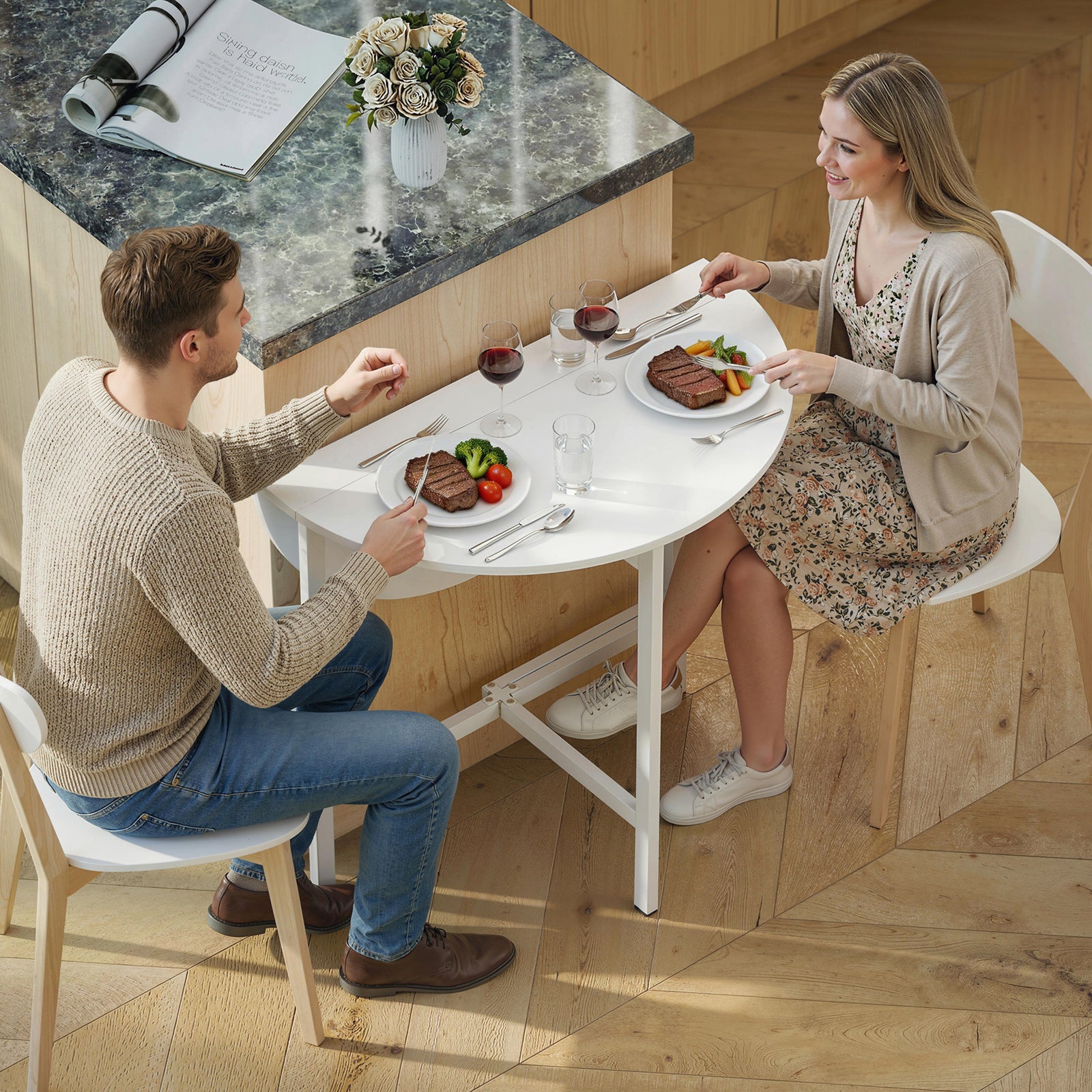 HOMCOM Folding Dining With Steel Frame For Small Spaces, White