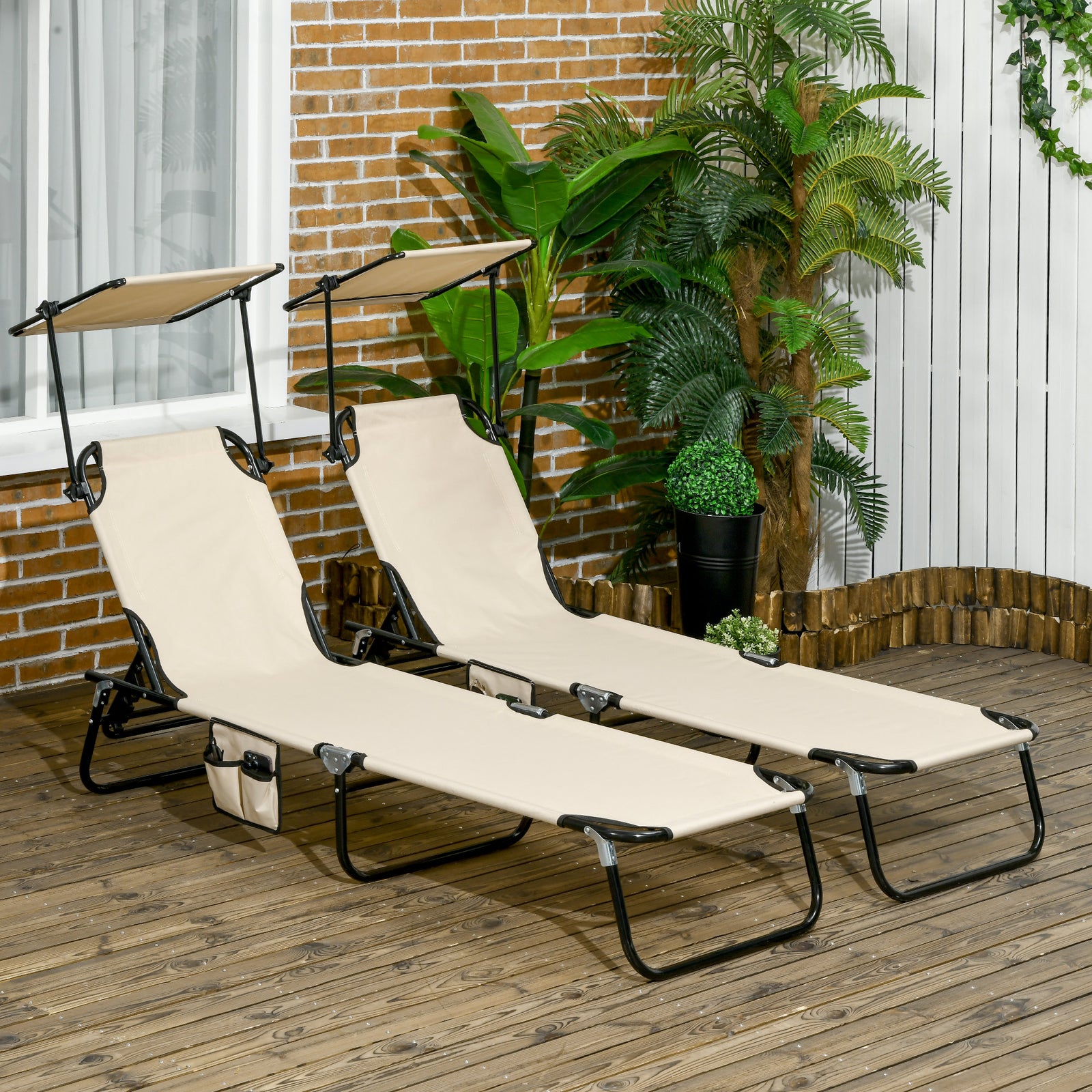 2 Piece Folding Sun Loungers With Adjustable Backrest | Brown