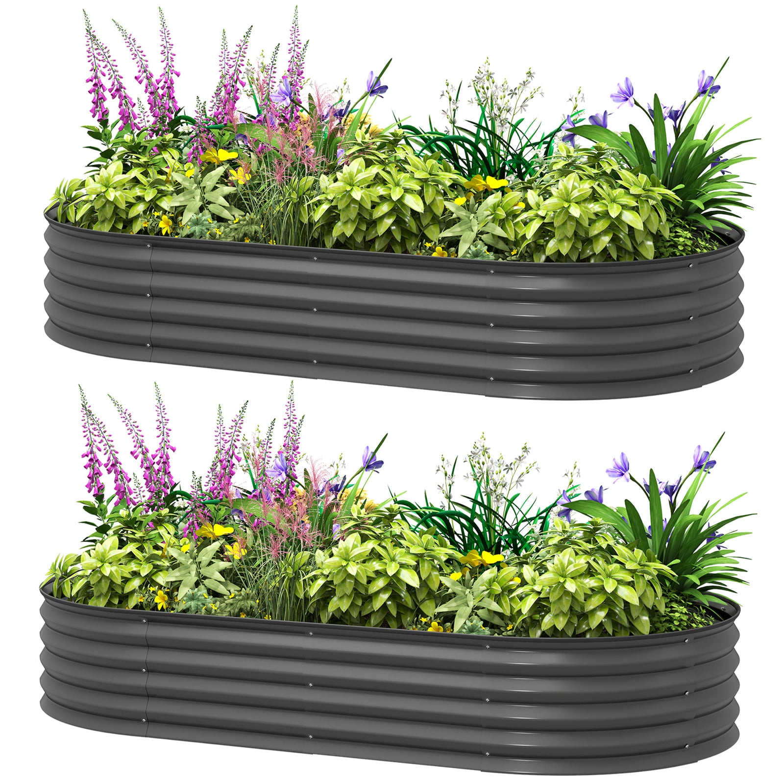 Set Of 2 Raised Beds For Garden W/ Metal Plant Stakes | Dark Gray