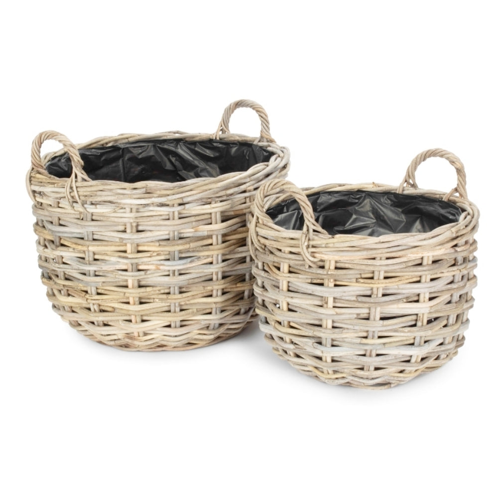 Curved Base Rattan Planter With Plastic Lining | Set of 2 | Natural