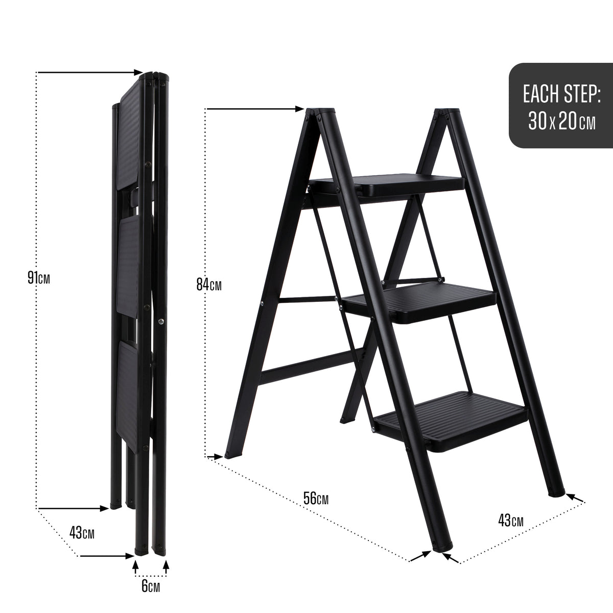Step Ladder Compact Black, Heavy-duty Steel Folding Step Stool 150kg Capacity | 3 Step | Black