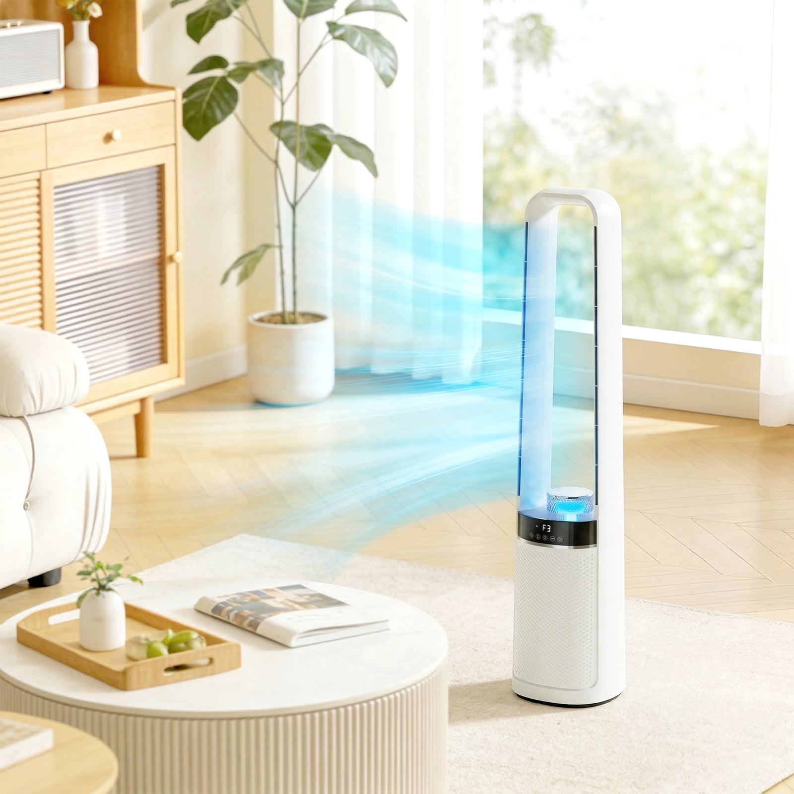 HOMCOM Bladeless Tower Fan With 45° Oscillating, Led Lights, 3 Speeds, White