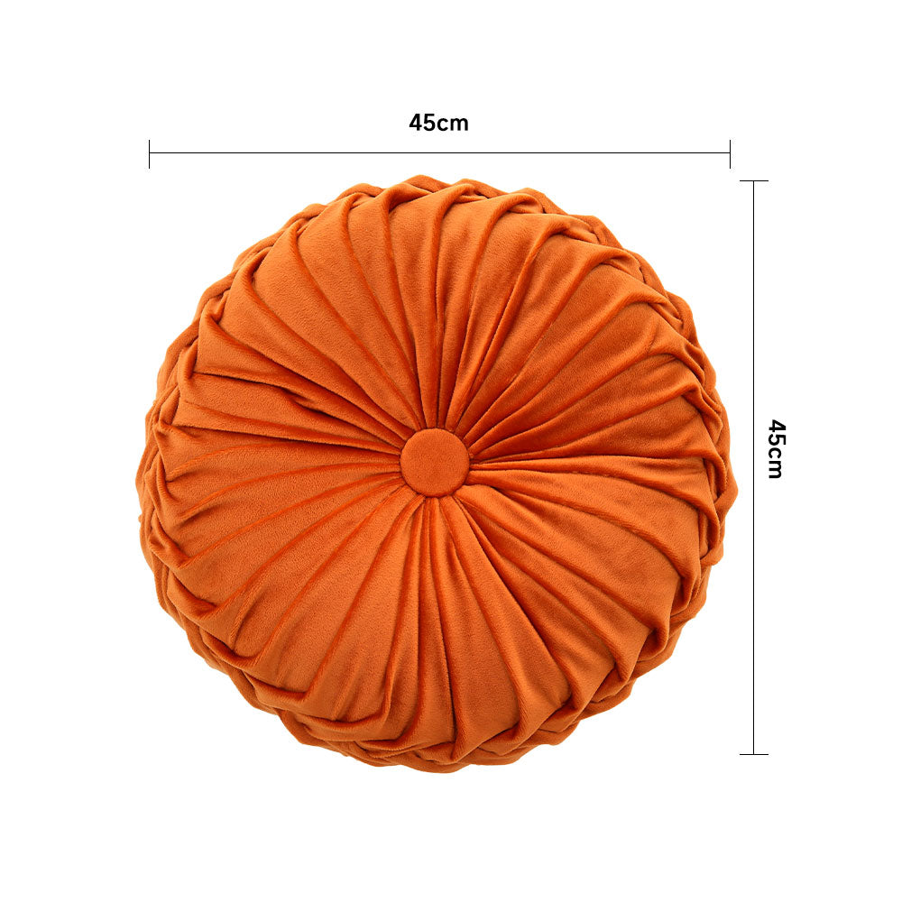 Round Pumpkin Velvet Cushion Soft Pleated Accent Pillow | Large | Orange