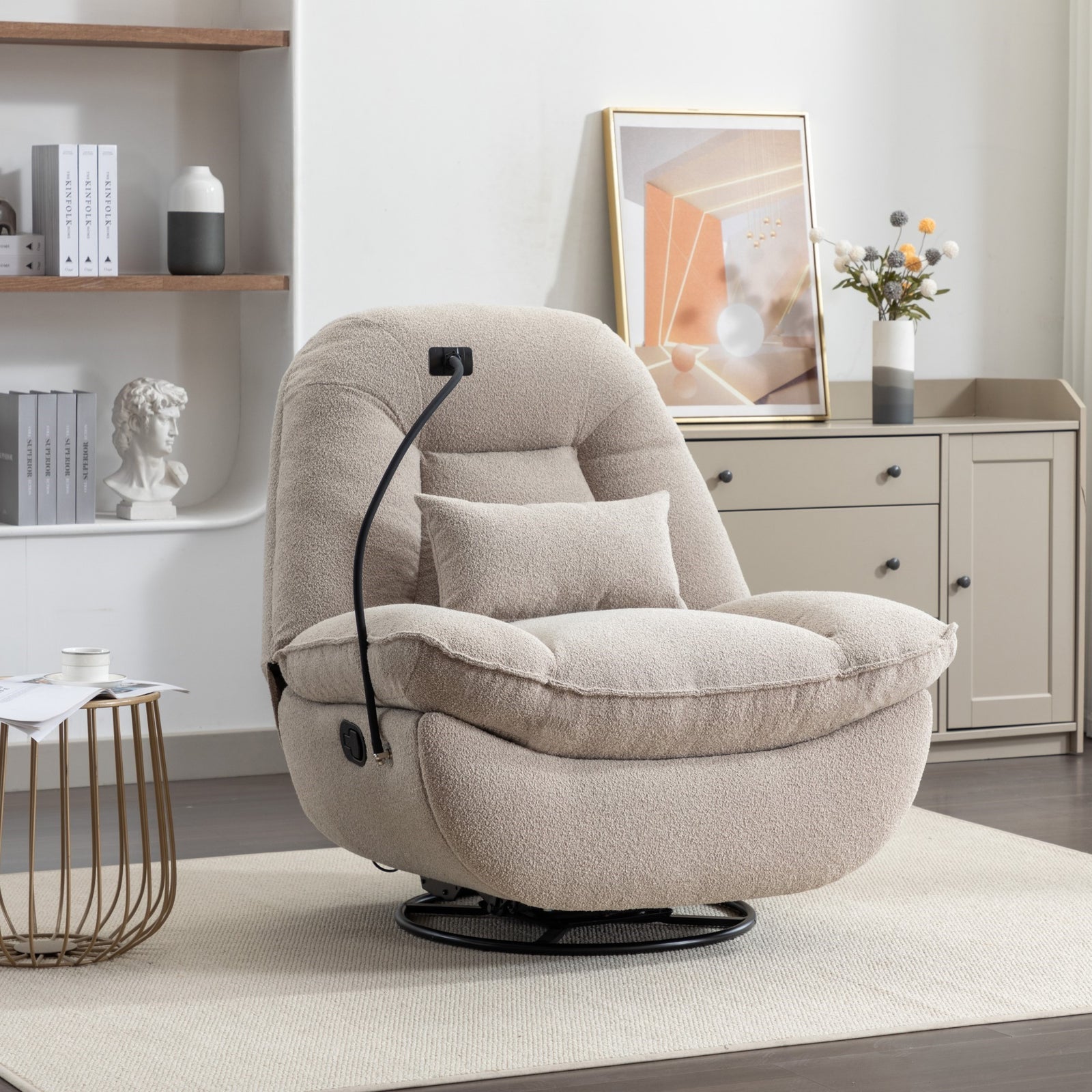 Fallon Boucle Fabric Swivel Based Recliner Chair Phone Holder | Pale Brown