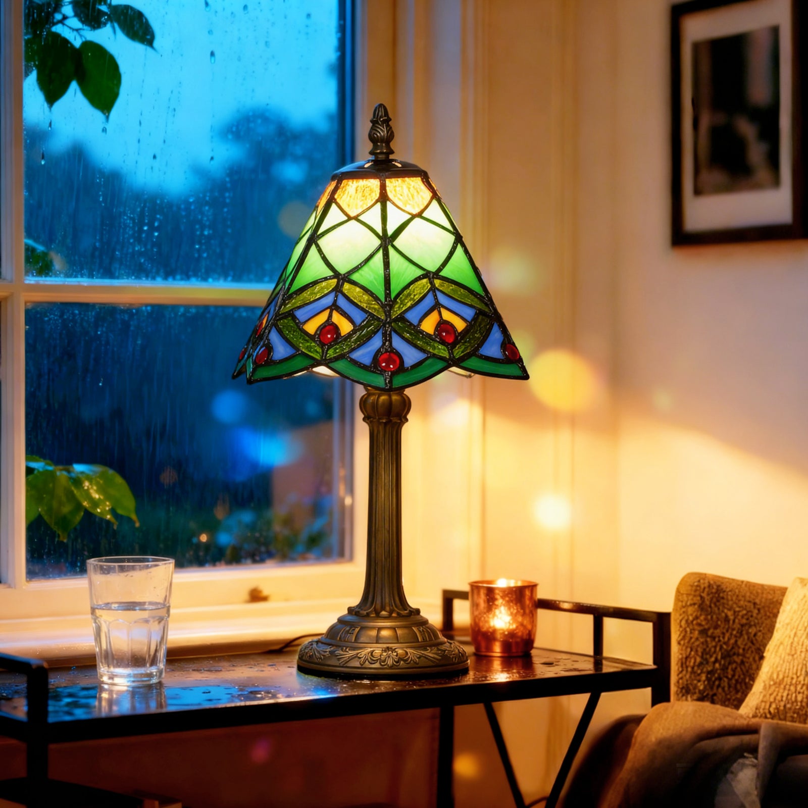 HOMCOM Handcrafted Stained Glass Bedside Lamp, Tiffany Style Table Lamp