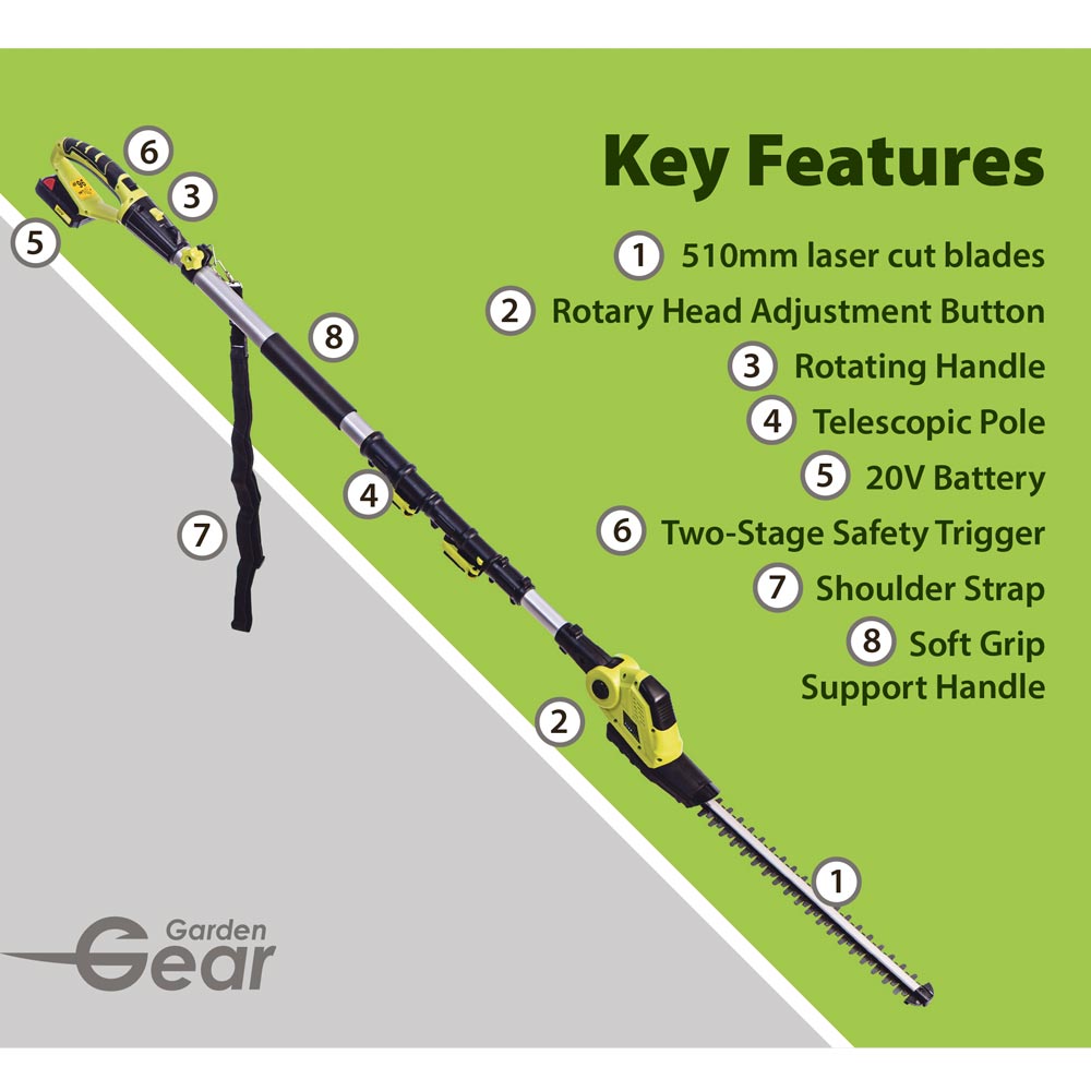 Garden Gear 20v Telescopic Hedge Trimmer + 20v Battery, Charger, Blade Cover And Shoulder Harness