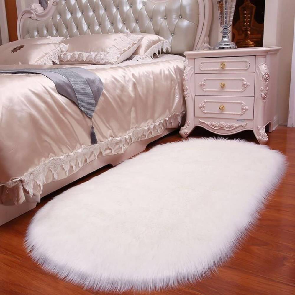 Oval Fluffy Shaggy Area Rug Super Soft Plush Carpet For Bedroom | Large | White