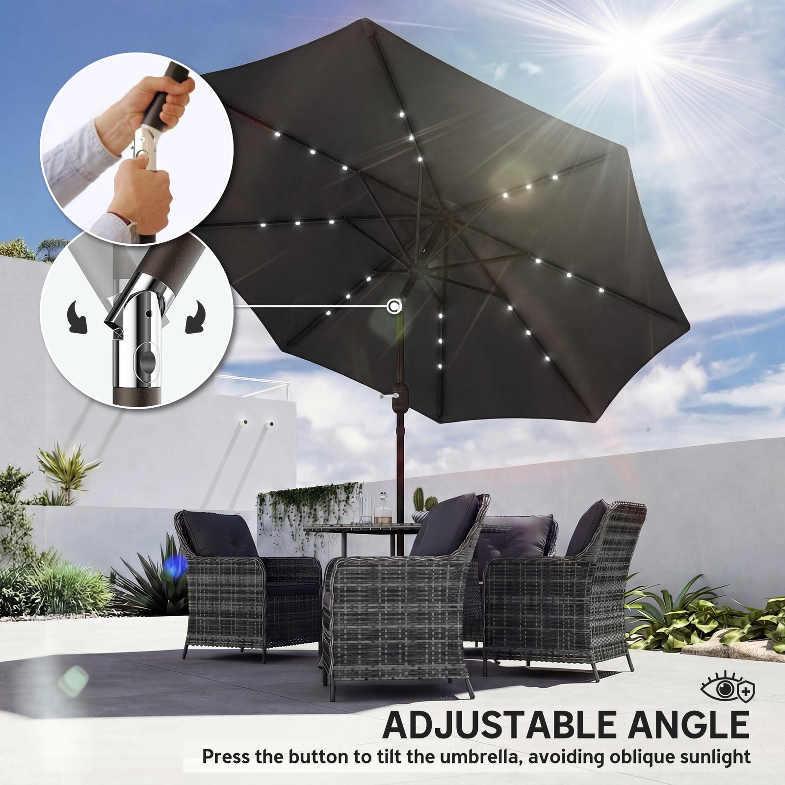 2.6 M Garden Parasol Umbrella With Light, Outdoor Patio Umbrella | Black