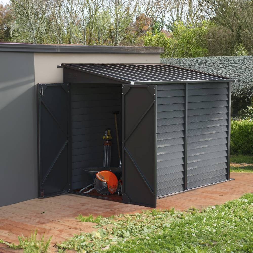 Zinc Steel Lean-To Garden Shed 4.7 × 8.86 ft, Sloped Roof Outdoor Storage Shed with Built-in Hooks, Space-Saving Design