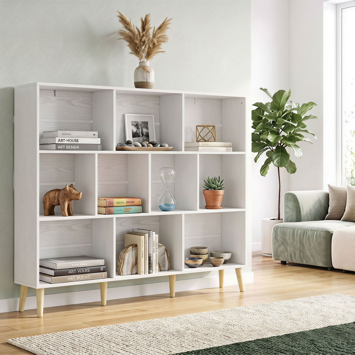 HOMCOM Bookshelf With 10 Cubbies, 3-tier Book Shelf With Wood Legs