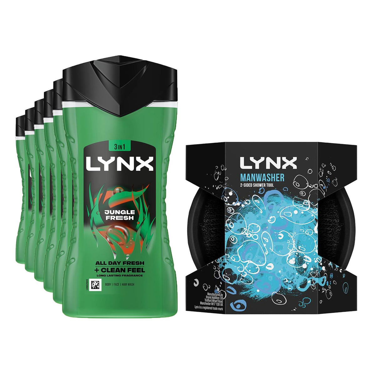 Shower Gel Jungle Fresh 225ml With Lynx Manwasher 2-sided Shower Tool | Set of 6