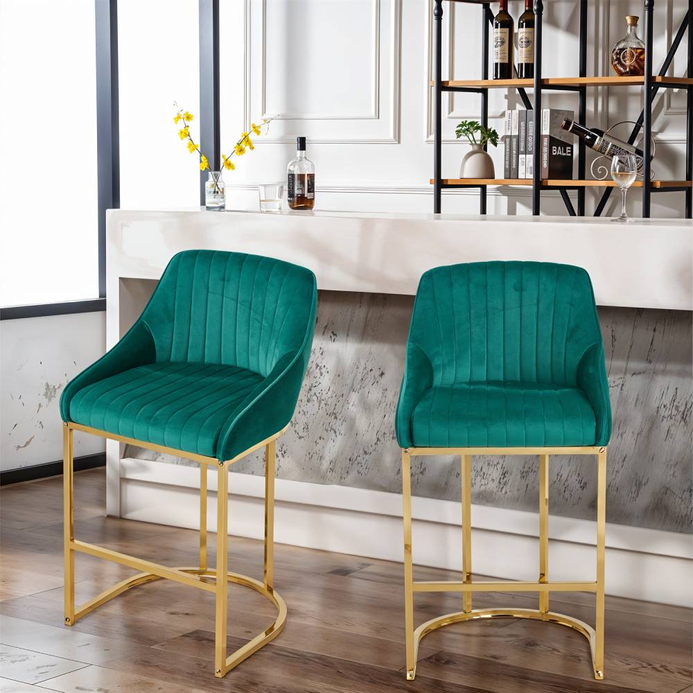 Modern Velvet Upholstered Bar Stools With Metal Legs, Set Of 2 – Contemporary Design, Comfortable Padded Seat, And Anti-slip Base | Green